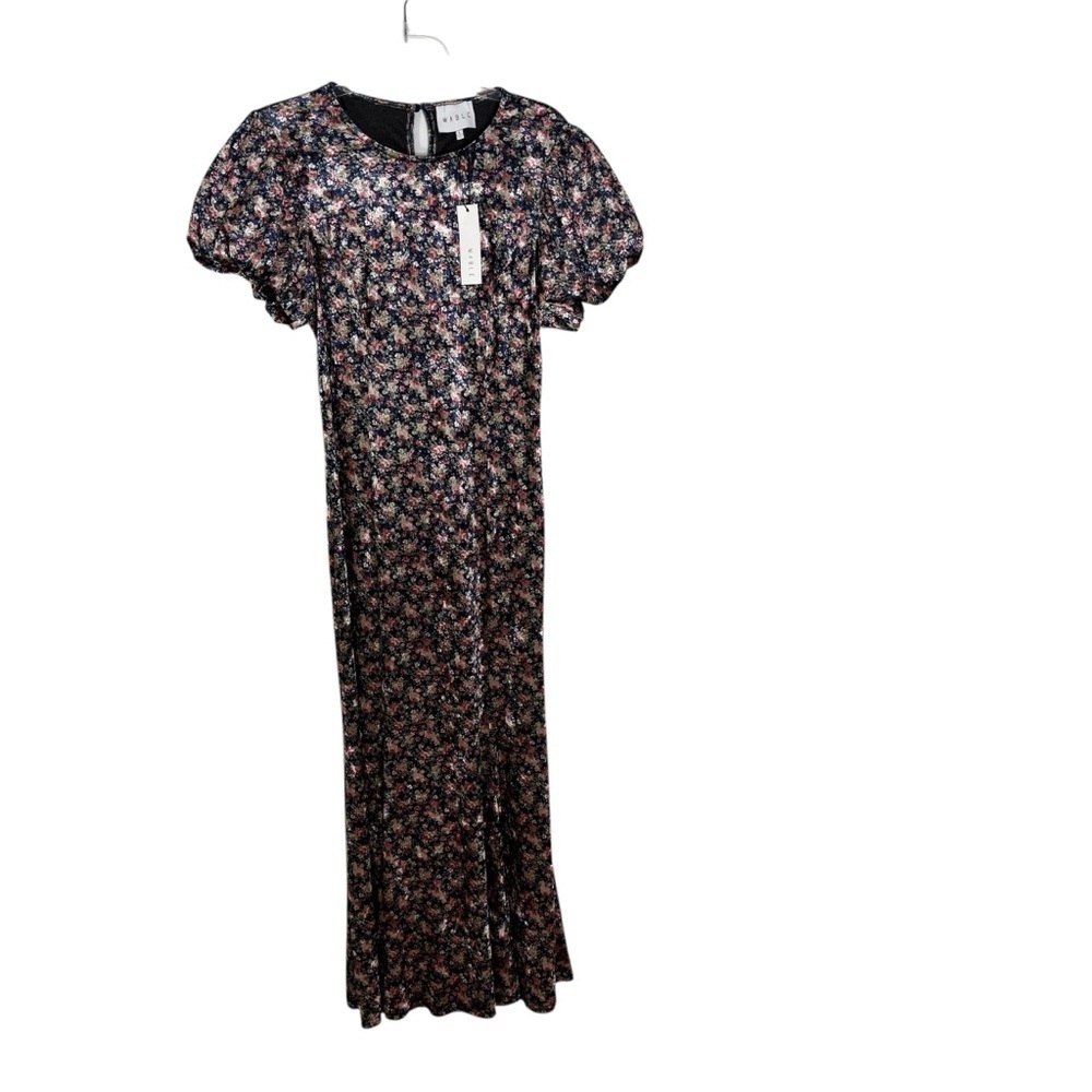 NWT Mable Leighton Floral Velvet Puff Sleeve Midi Dress Navy Size L - Picture 2 of 11